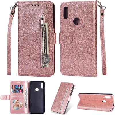 Bookcase Geschikt voor: Samsung Galaxy M11 Glitter met rits - hoesje - portemonnee hoesje - Rosegoud