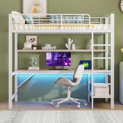 Hoogslaper - 90*200 cm - leuning - opstapje - met USB-aansluiting en stopcontact - met LED-verlichting - bureau - rek met meerdere lagen - zonder matras - metaal - wit