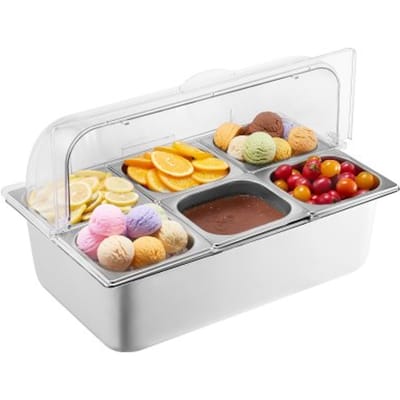 VEVOR Bijgerechtcontainer Ingrediëntencontainer Gastronormcontainer van roestvrij staal (6 x 1/6 containers), presentatiestandaard buffet kruidendispenser met transparant deksel voor restaurant hotel keukenfeest