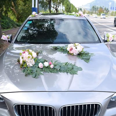 Bruiloftsauto Decoratie Set - Wijnslinger met Rozen en Pioenrozen - Kunstbloemen voor Auto Versiering