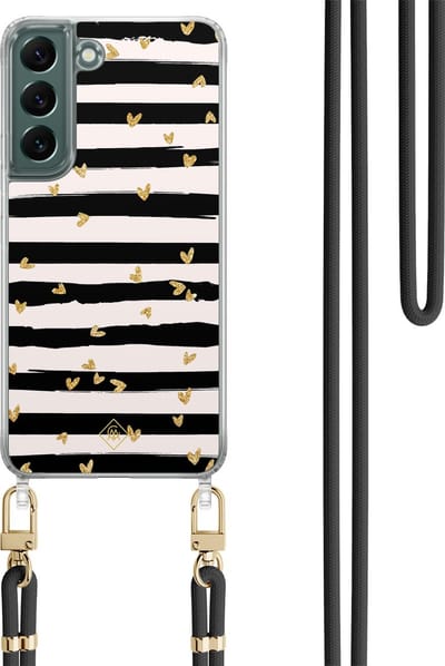 Casimoda® hoesje met koord - Geschikt voor Samsung S22 - Hart Streepjes - Afneembaar koord - TPU/polycarbonaat - Zwart