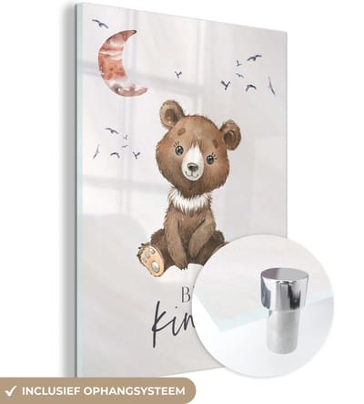 MuchoWow® Glasschilderij 30x40 cm - Schilderij acrylglas - Spreuken - Be kind - Kinderen - Teddybeer - Waterverf - Foto op glas - Schilderijen