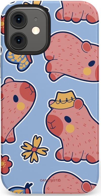 Casetastic Hoesje Geschikt voor Apple iPhone 12 Mini - Stijlvolle Beschermende Duo-layer Case - Capibara geluk