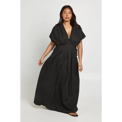 boohoo Dames Plus Katoenen Popeline Gerimpelde Maxi Jurk Met Strikceintuur | Zwart | Maat: 44