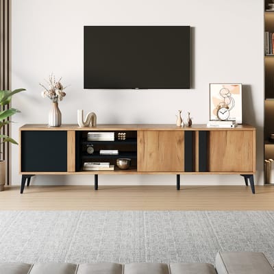 REDOM - Tv-Meubel - Met Deuren En Open Vakken - Rustieke Stijl - Voor Woonkamer - Spaanplaat En Metaal - Bruin En Zwart - 180 X 40 X 50 Cm