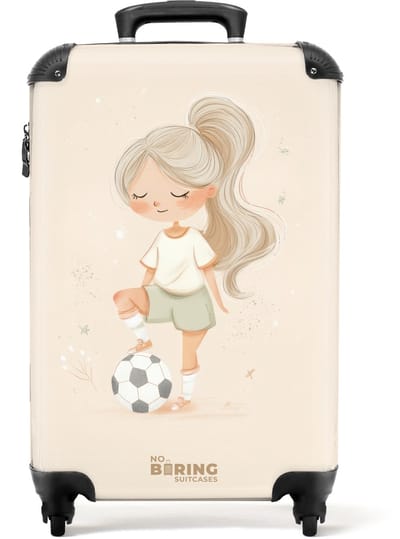 NoBoringSuitcases.com® - Kinderkoffer meisje - Kindertrolley meisjes - Meisje met een voetbal in beige kleuren - Handbagage koffer lichtgewicht - Reiskoffer trolley kinderen - Rolkoffer met wieltjes - Past binnen 55x40x20 en 55x35x25