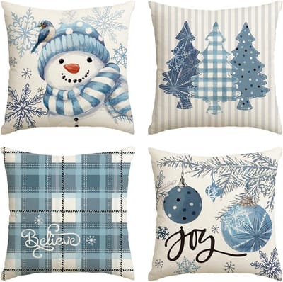 Winterse Kerstkussensloop 45x45 cm - Sneeuwvlokken Design - Set van 4 - Zacht Polyester - Bank Decoratie