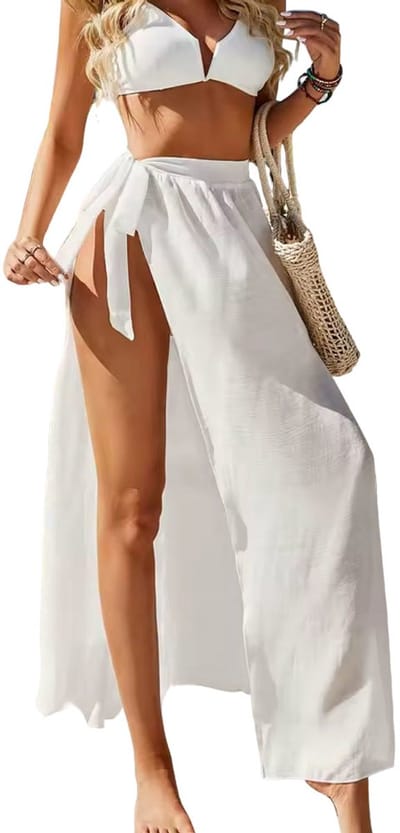 Linnen look strand rok - Cover - Stropdas knoop - Wit - One size - Zomer