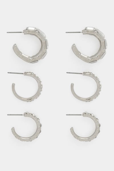 Yours Yourset 3Pack Zilverkleurige Diamante Versierde Hoepeloorbellensize One Size