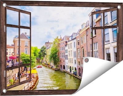 Gards Tuinposter Doorkijk Huizen aan de Oudegracht in Utrecht - 60x40 cm - Tuindoek - Tuindecoratie - Wanddecoratie buiten - Tuinschilderij