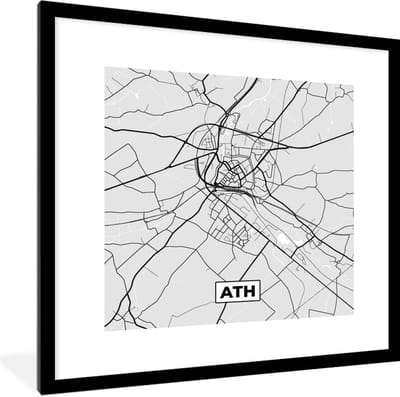 Fotolijst incl. Poster Zwart Wit- Stadskaart – Zwart Wit - Kaart – Ath – België – Plattegrond - 40x40 cm - Posterlijst