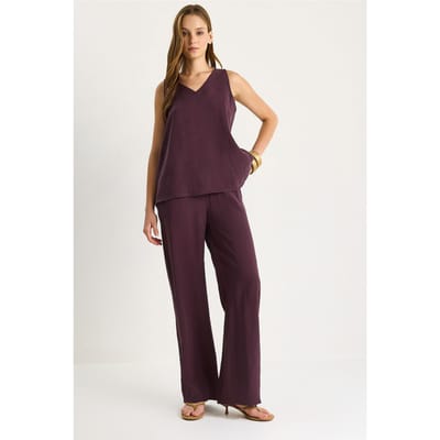 V-hals Katoenen Blouse-Broek Twee-Piece Set