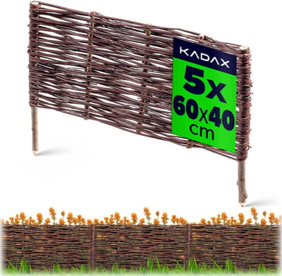 KADAX Palissade van wilgentenen, natuurlijk wilgenhek, handgemaakt wilgenvlechthek, tuinhek voor paden en bloembedden, omheining gazonrand (5 stuks 60 x 40 cm)