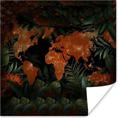 Poster 30x30 cm - Wereldkaart - Goud - Rood - Posters - Kamer decoratie - Wanddecoratie woonkamer - Muurdecoratie slaapkamer