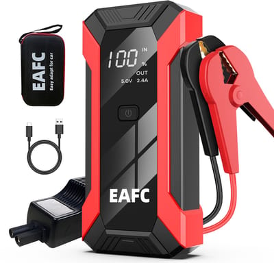 EAFC 12V Jumpstarter voor Auto – 1200A / 10000 mAh – 4-in-1 starthulp draagbare noodstartlader benzine auto powerbank booster accu startapparaat– Rood & Opbergkoffer
