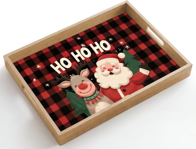 Dienblad hout 50x35 cm - Schootdienblad - Kerstman - Rendier - Tekst - Rood - Zwart - Borrelplank rechthoek - Plateau dienbladen