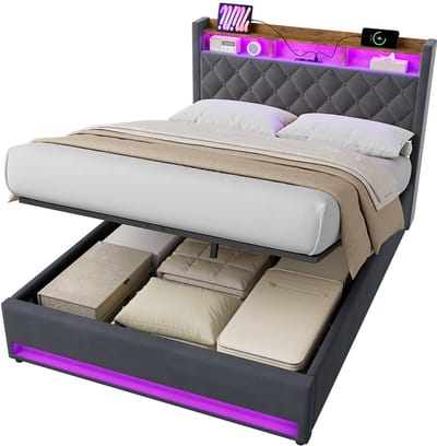 MODFU Gestoffeerd Tweepersoonsbed met LED 140x200 cm – 216x142,5x117 cm – Cilindrische opbergbasis – Fluweel donkergrijs – Incl. lattenbodem