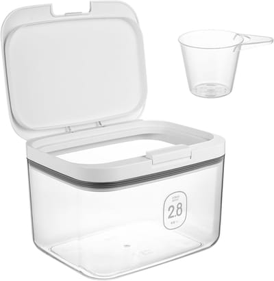 Transparante 2,8 L opbergdoos voor wasmiddel - luchtdichte container voor waspoeder, waspods en huisdiervoeding, vochtbestendig en gebruiksvriendelijk