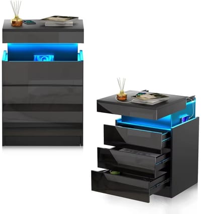 Mura Nachtkastje - Nachttafel - Bedtafel - Ladekast - Nachtkast - Bedside Table - LED verlichting - Schuifdeksel - zwart