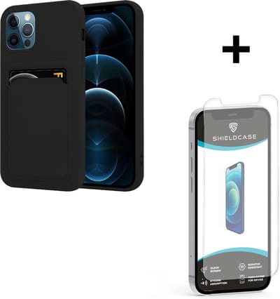 ShieldCase telefoonhoesje geschikt voor Apple iPhone 12 / 12 Pro siliconen hoesje met pasjeshouder - zwart + glazen Screen Protector