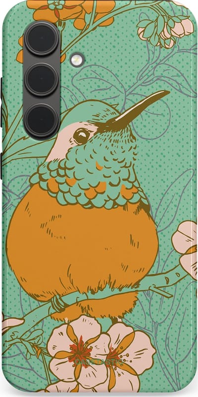 Casetastic hoesje geschikt voor Samsung Galaxy S24 - Dubbellaagse bescherming - Bloesem Kolibrie - Fashion Case - Mintgroen Okergeel Zand