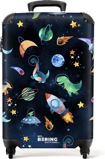 NoBoringSuitcases.com® - Kinderkoffer jongen - Dino's in de ruimte - Kindertrolley jongens - Handbagage koffer lichtgewicht - Reiskoffer trolley kinderen - Rolkoffer met wieltjes - Past binnen 55x40x20 en 55x35x25