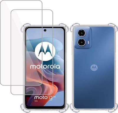 Hoesje + 2x Screenprotector geschikt voor Motorola Moto G34 – Tempered Glass - Extreme Shock Case Transparant