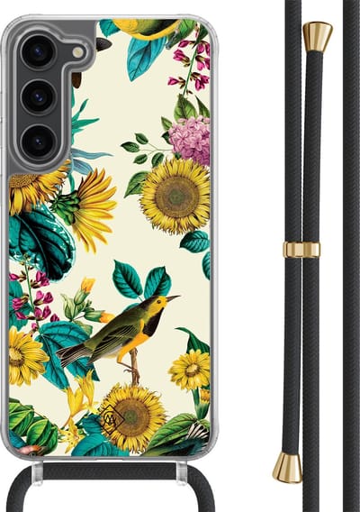 Casimoda® hoesje met zwart koord - Geschikt voor Samsung S23 Plus - Zonnebloemen / Bloemen - Afneembaar koord - TPU/polycarbonaat - Geel