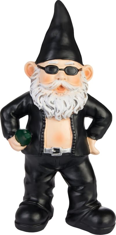 BRUBAKER Coole Tuinkabouter Biker Zwart - Rocker Kabouter met Zonnebril en Skuljacket - Grappig Tuinbeeldje - Weerbestendige Decoratie voor Tuin Camping en Buiten - 24 cm hoog