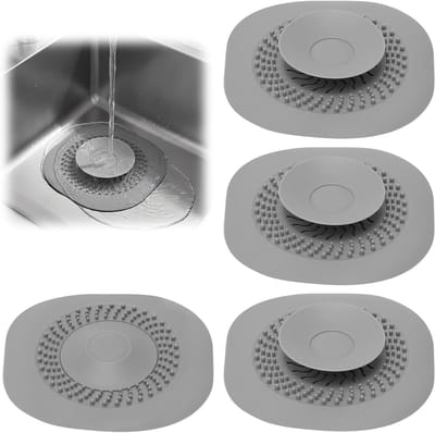 Universele Siliconen Afvoerstopper Set van 4 voor Wasbak, Bad en Gootsteen met Zeeffunctie en Hoge Dichtheid, Flexibele Afvoerstopper in Grijs