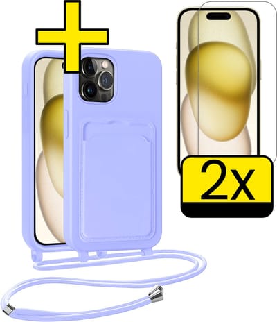 Hoesje Geschikt voor iPhone 14 Pro Telefoonhoesje Met Koord Case Pashouder Met 2x Screenprotector Siliconen - Hoes Geschikt voor iPhone 14 Pro Hoesje Met Kaarthouder - Lila
