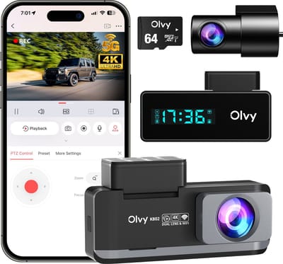Olvy Dual Dashcam - Voor Auto - Camera Voor en Achter - 4K - Full HD - Nachtzicht - Met 64GB SD - Wifi