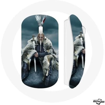 Draadloze muis Vikings-serie Seizoen 6 Ragnar Lothbrok-logo V Zwaard Grijze mistachtergrond