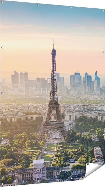 Gards Tuinposter Skyline van Parijs met de Eiffeltoren - 120x180 cm - Tuindoek - Tuindecoratie - Wanddecoratie buiten - Tuinschilderij