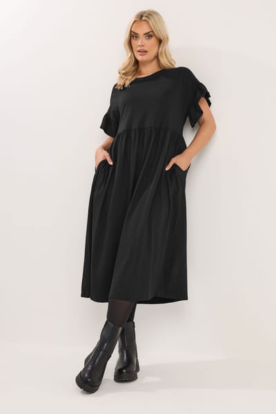 Yours Katoenen Midaxi Jurk Met Korte Ruchemouwen In Zwart Size 48