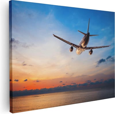 Artaza Canvas Schilderij Zeezicht Zonsondergang - 40x30 cm - Klein - Muurdecoratie Vliegtuig - Wanddecoratie Strand - Kamer Accessoires