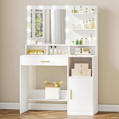 Hzuaneri Make-tafel met spiegel en 10 LED-lampen, make-upcommode met 3 planken en 4 open vakken, grote lade en kast, 3 instelbare verlichtingssterktes DT41303XEU