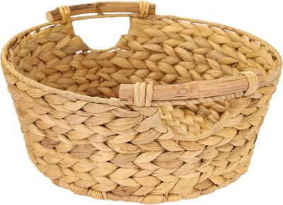 Famanu – Opbergmand rond - geschenkmand leeg gevlochten van waterhyacint met houten handgrepen | 30 x 12 cm