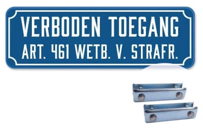 Verboden Toegang bord - old school - Weerbestendig Aluminium - 40x15 cm - Bevestiging: Met hekbeugels (voor spijlen- of gaashek)