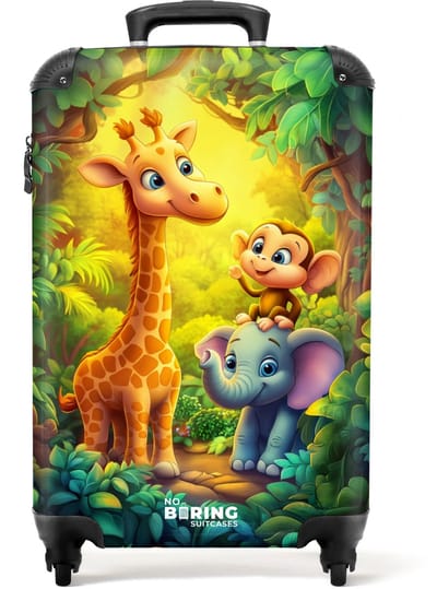 NoBoringSuitcases.com® - Kinderkoffer - Kindertrolley jongen en meisje - Giraf, olifant en aapje in het bos - Handbagage koffer lichtgewicht - Reiskoffer trolley kinderen - Rolkoffer met wieltjes - Past binnen 55x40x20 en 55x35x25