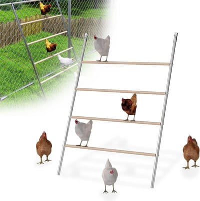 Kippenladder met 4 treden - Zitstok voor pluimvee - Verrijk je kippenhok - Natuurlijk hout en metaal