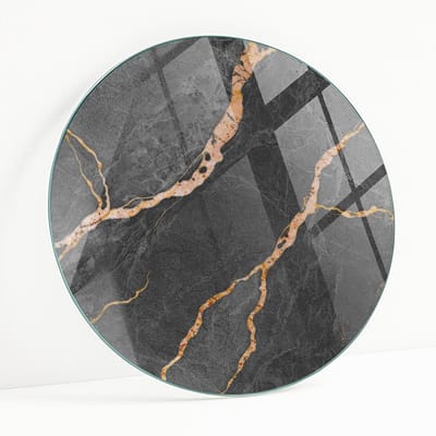Wallfluent - Marmerpatroon Met Aderen Glazen Tafelblad - 50 cm - Zwart Glazen Plaat - Rond Tafelblad Glas - Veiligheidsglas - Glazen Tafelblad Geschikt voor de Keukentafel