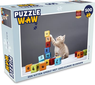 Puzzel Een kitten speelt met gekleurde blokken - Legpuzzel - Puzzel 500 stukjes