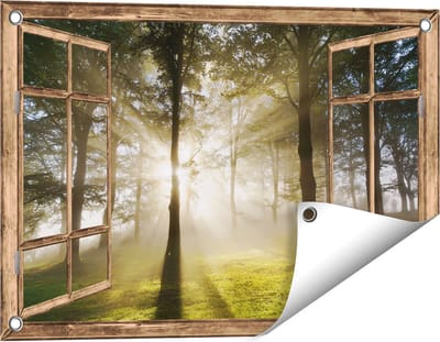 Gards Tuinposter Doorkijk Zon tussen de Bomen - 60x40 cm - Tuindoek - Tuindecoratie - Wanddecoratie buiten - Tuinschilderij
