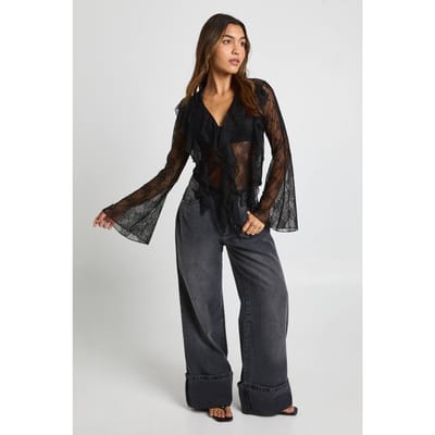 boohoo Transparante kanten blouse met ruches | Black | Maat: 6