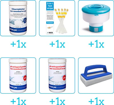Zwembad Onderhoudspakket - Onderhoud Zwembad - bevat Chloor - Testrips - Chloordrijver - PH-min - PH-plus en Scrubborstel (6-delig)