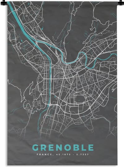 Wandkleed - Wanddoek - Grenoble - Frankrijk - Plattegrond - Kaart - Stadskaart - 120x180 cm - Wandtapijt