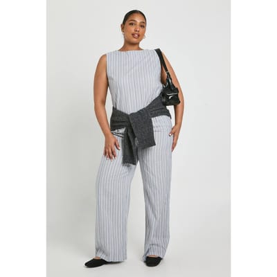 boohoo Dames Plus gestreepte mouwloze top en broek met wijde pijpen co-ord | Grijs | Maat: 50