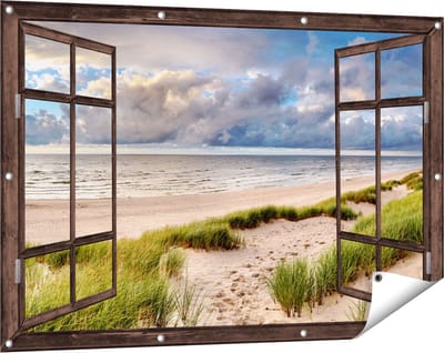 Gards Tuinposter Doorkijk Strand en Duinen met Bewolking - 120x80 cm - Tuindoek - Tuindecoratie - Wanddecoratie buiten - Tuinschilderij