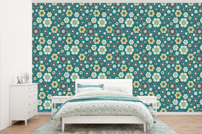 Behang - Fotobehang Retro - Bloemen - Patronen - Blauw - Breedte 345 cm x hoogte 220 cm